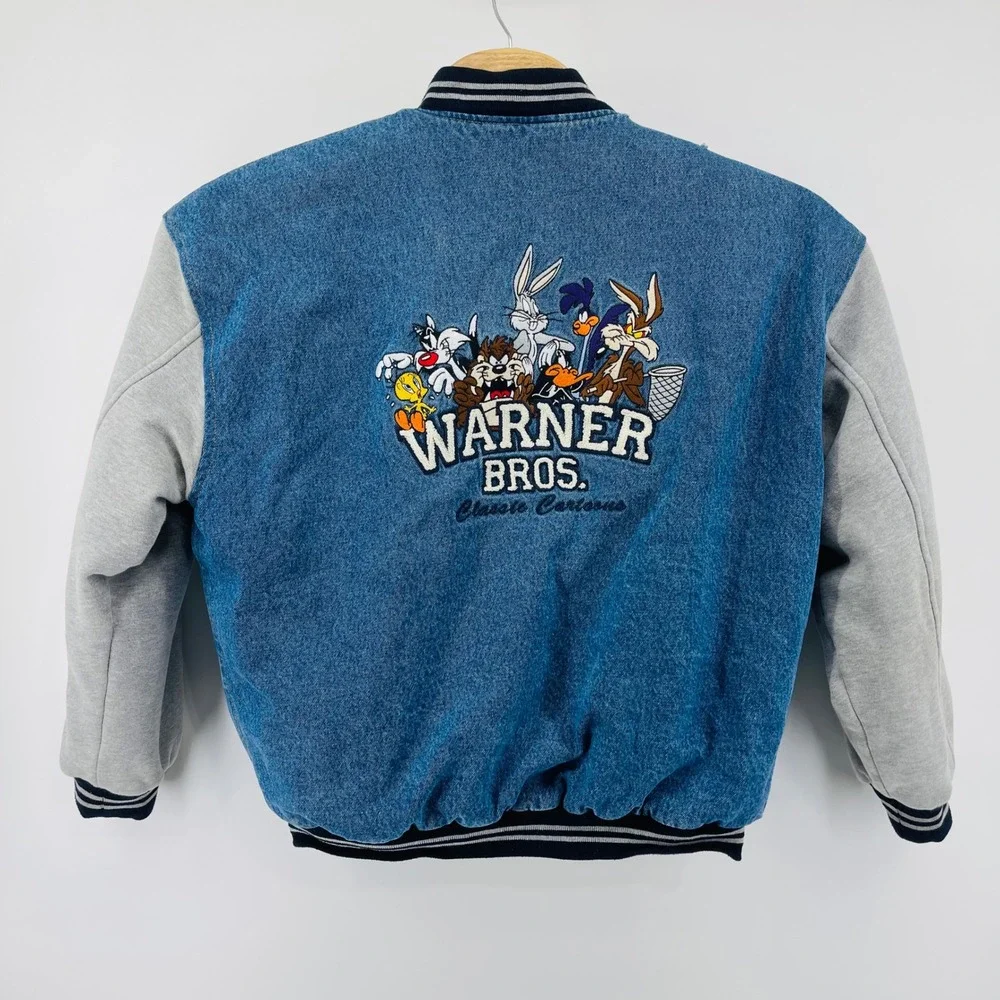 Warner Bros. 90s Vintage Jacket Mens Large Blue Denim Varsity Looney Tunes VTG